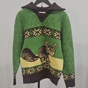 Gucci Green Fair Isle Rabbit V-Neck Sweater with Brown Trim